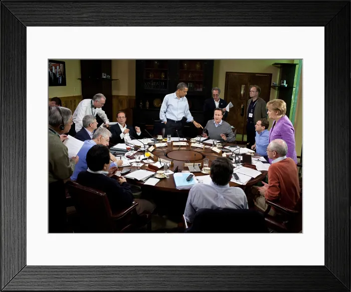 Framed Print : Barack Obama hosts a G8 Summit working session in the dining room of Laurel Cabin at Camp David Framed Print : Barack Obama hosts a G8 Summit working session in the dining room of Laurel Cabin at Camp David