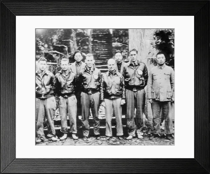 Framed Print : Lt. Col. Doolittle with members of his flight crew and Chinese officials in China. L-R: Sgt. Fred Braemer, bombardier; Sgt Framed Print : Lt. Col. Doolittle with members of his flight crew and Chinese officials in China. L-R: Sgt. Fred Braemer, bombardier; Sgt