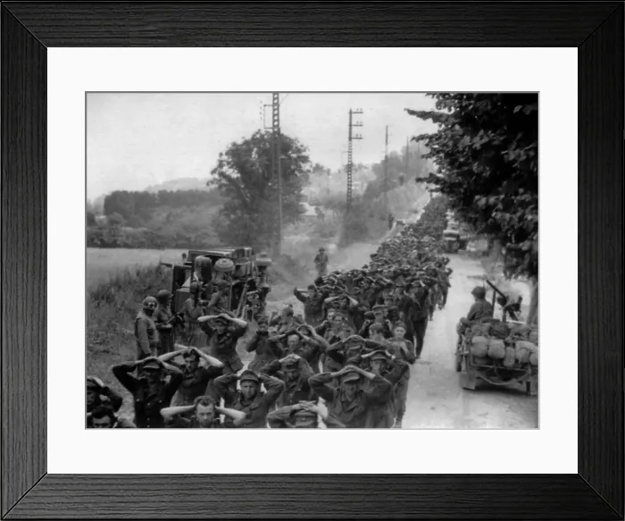 Framed Print : German prisoners with U.S. guards on a Norman road during the Battle of the Falaise Pocket. 10, 000 Germans were killed, 50, 000 were taken prisoner