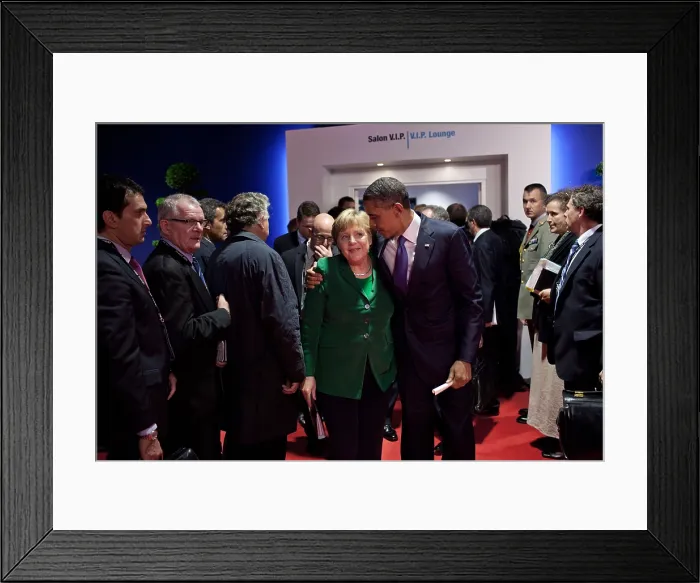 Framed Print : President Barack Obama walks with Chancellor Angela Merkel at the G20 Summit in Cannes, France. Nov. 3, 2011. (BSLOC_2015_3_169)