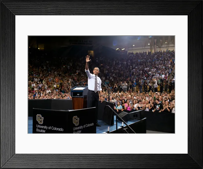 Framed Print : President Barack Obama acknowledges applause following his speech on student loan interest rates. University of Colorado, Boulder, April 24, 2012. (BSLOC_2015_3_17) Framed Print : President Barack Obama acknowledges applause following his speech on student loan interest rates. University of Colorado, Boulder, April 24, 2012. (BSLOC_2015_3_17)