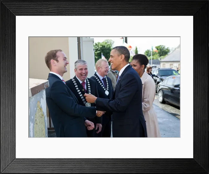 Framed Print : President Barack Obama greets his Irish cousin Henry Healy, in Moneygall, Ireland