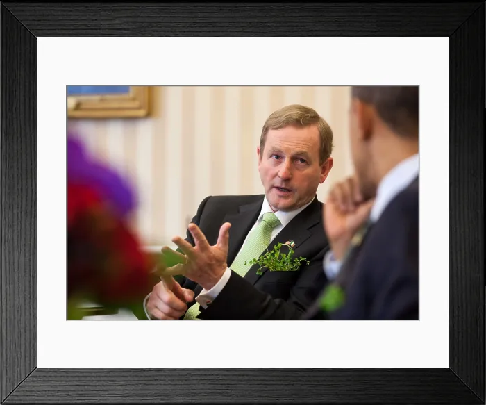 Framed Print : Taoiseach (Prime Minister) Enda Kenny of Ireland with President Barack Obama. Kenny has a sprig of Shamrock in this pocket. White House, Oval Office, March 20, 2012