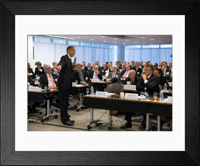 Framed Print : President Barack Obama takes questions at the quarterly meeting of the Business Roundtable. The group is mostly white men, with only a few women or African Americans attendees Framed Print : President Barack Obama takes questions at the quarterly meeting of the Business Roundtable. The group is mostly white men, with only a few women or African Americans attendees