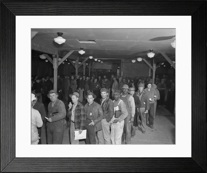 Framed Print : Workers lined up at the Hanford Reservation of the Manhattan Project, March 24, 1944. African Americans began working at Hanford during wartime emergency construction in 1943