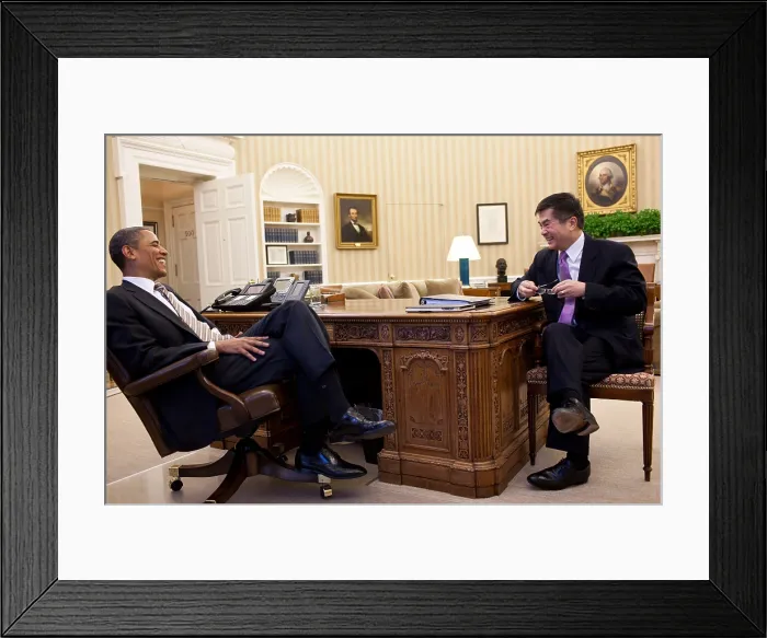 Framed Print : President Barack Obama meets with Gary Locke, U.S. Ambassador to China. Oval Office, Jan. 17, 2012. (BSLOC_2015_3_154)
