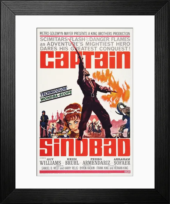 Framed Print : CAPTAIN SINDBAD, US poster, Heidi Bruhl (head), Guy Williams (raised arm), 1963 Framed Print : CAPTAIN SINDBAD, US poster, Heidi Bruhl (head), Guy Williams (raised arm), 1963