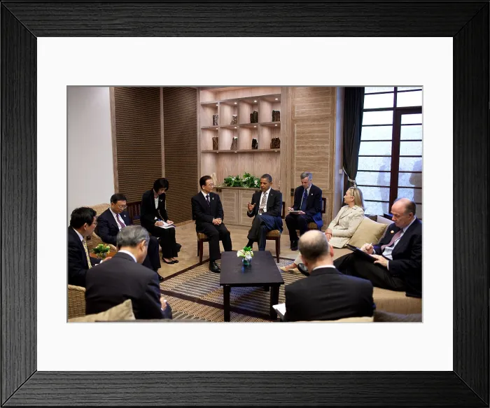 Framed Print : President Barack Obama meets with Premier Wen Jiabao of China in Nusa Dua, Bali, Indonesia. Secretary of State Hillary Clinton is at right. Nov. 19, 2011. (BSLOC_2015_3_156) Framed Print : President Barack Obama meets with Premier Wen Jiabao of China in Nusa Dua, Bali, Indonesia. Secretary of State Hillary Clinton is at right. Nov. 19, 2011. (BSLOC_2015_3_156)