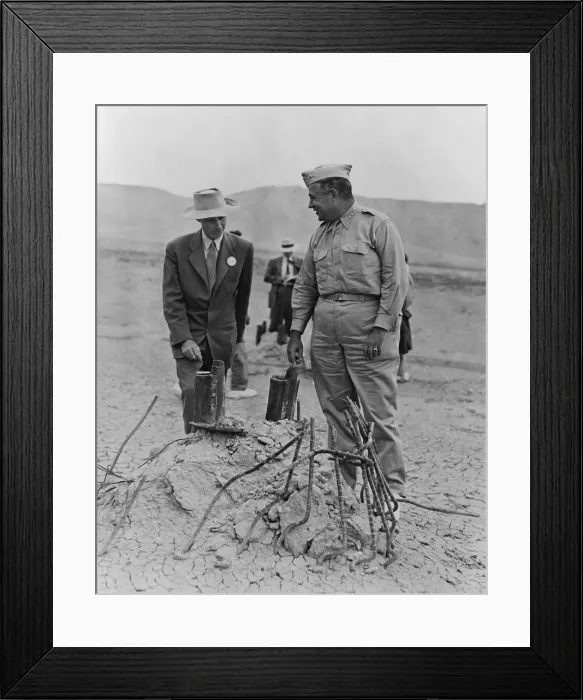 Framed Print : Gen. Leslie Groves (r) and Dr. J. Robert Oppenheimer at Trinity Test Site in Sept. 1945 Framed Print : Gen. Leslie Groves (r) and Dr. J. Robert Oppenheimer at Trinity Test Site in Sept. 1945