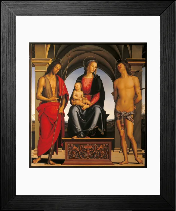 Framed Print : Madonna Enthroned with Child and Sts John the Baptist and Sebastian, by Pietro Vannucci known as Perugino, 1493 about, 16th Century, panel, cm 178 x 164 - Italy, Tuscany