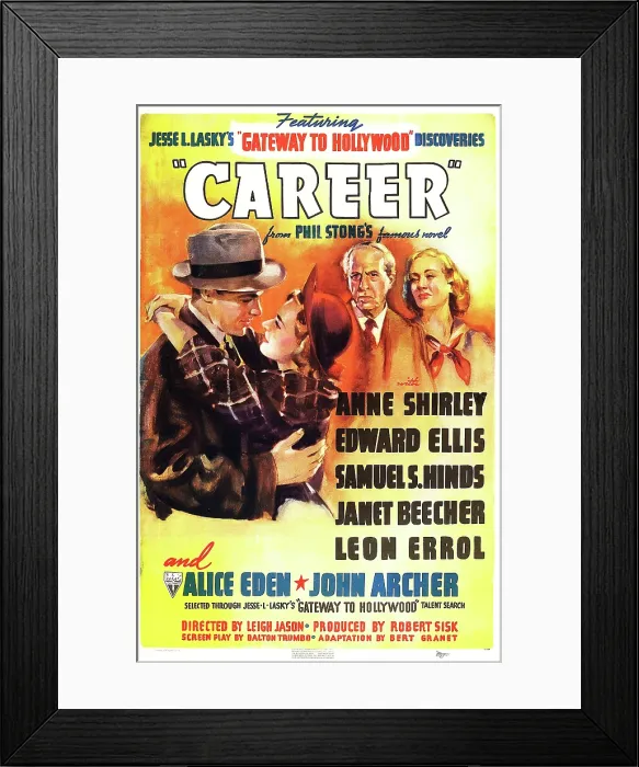Framed Print : CAREER, US poster art, from left: John Archer, Anne Shirley, Edward Ellis, Rowena Cook (as Alice Eden), 1939