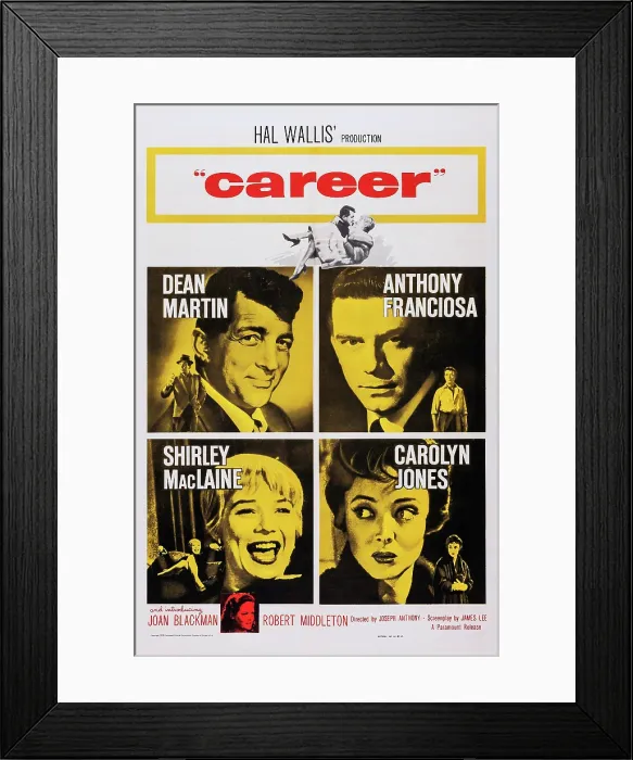 Framed Print : CAREER, US poster art, clockwise from top left: Dean Martin, Anthony Franciosa, Carolyn Jones, Shirley MacLaine; bottom inset: Joan Blackman, 1959