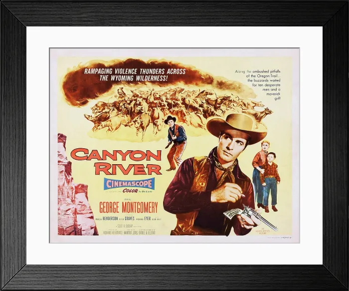 Framed Print : CANYON RIVER, rear: Peter Graves, foreground l-r: George Montgomery, Marcia Henderson, Richard Eyer on title card, 1956