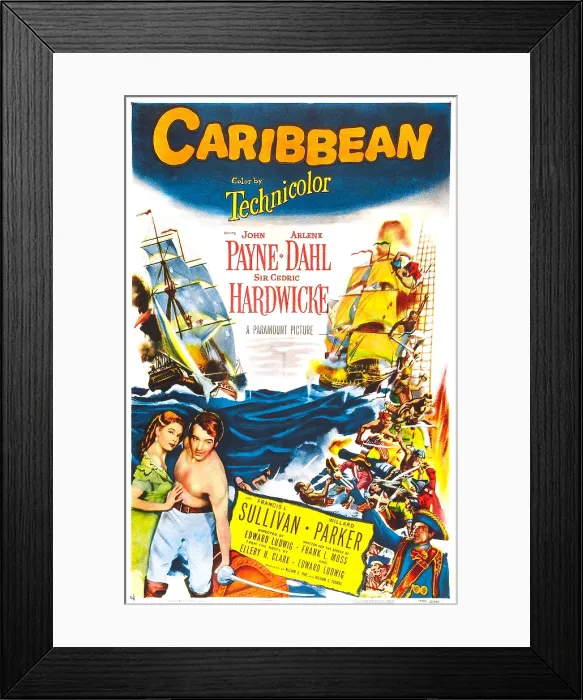 Framed Print : CARIBBEAN, US poster, bottom from left: Arlene Dahl, John Payne, 1952 Framed Print : CARIBBEAN, US poster, bottom from left: Arlene Dahl, John Payne, 1952