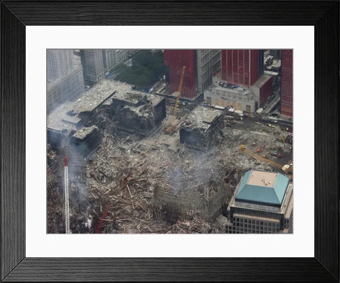 Framed Print : Aerial view of World Trade Center from the southwest, Sept. 27, 2001. At lower right is World Financial Center 1