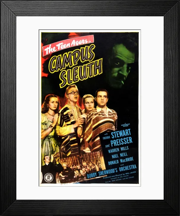 Framed Print : CAMPUS SLEUTH, US poster, from left: Noel Neill, Warren Mills, June Preisser, Freddie Stewart, bottom left: Bobby Sherwood (with trumpet), 1948 Framed Print : CAMPUS SLEUTH, US poster, from left: Noel Neill, Warren Mills, June Preisser, Freddie Stewart, bottom left: Bobby Sherwood (with trumpet), 1948