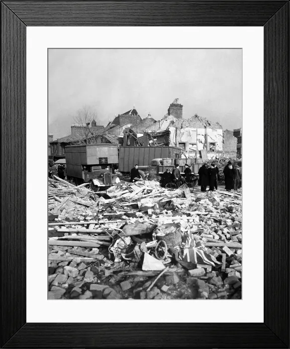 Framed Print : World War 2, Battle of Britain. A Union Jack flag lies among the rubble of homes smashed by a German missile, either a V-1 or V-2. Camberwell Road, London, 1944-45