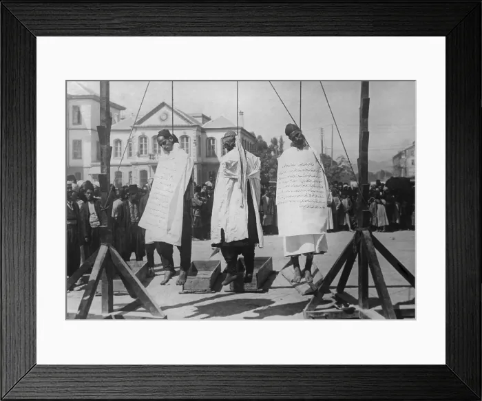 Framed Print : Triple hanging of Druse bandits in Marjeh Square, Damascus, for the murder of French officers