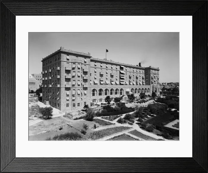 Framed Print : King David Hotel from garden side in Jerusalem, Palestine, in the 1930s. The landmark luxury hotel opened in 1932 Framed Print : King David Hotel from garden side in Jerusalem, Palestine, in the 1930s. The landmark luxury hotel opened in 1932
