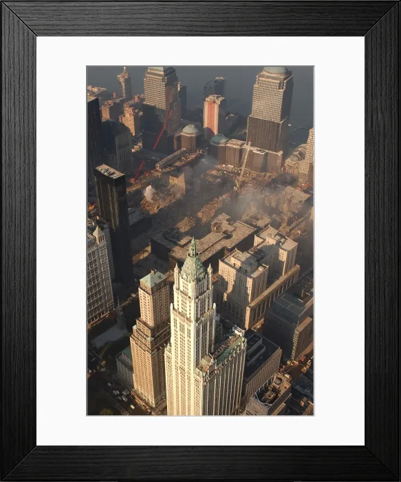 Framed Print : Aerial view of Ground Zero from the northeast with the Woolworth Building, Oct. 4, 2001. World Trade Center, New York City, after September 11, 2001 terrorist attacks