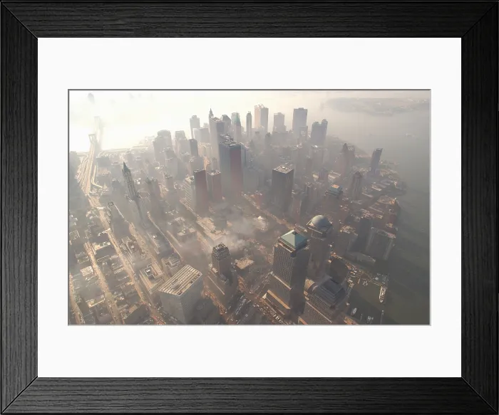 Framed Print : Aerial view of Ground Zero from the northwest on a hazy day, Oct. 4, 2001. At upper left is the Brooklyn Bridge, and at upper right is Governor's Island Framed Print : Aerial view of Ground Zero from the northwest on a hazy day, Oct. 4, 2001. At upper left is the Brooklyn Bridge, and at upper right is Governor's Island