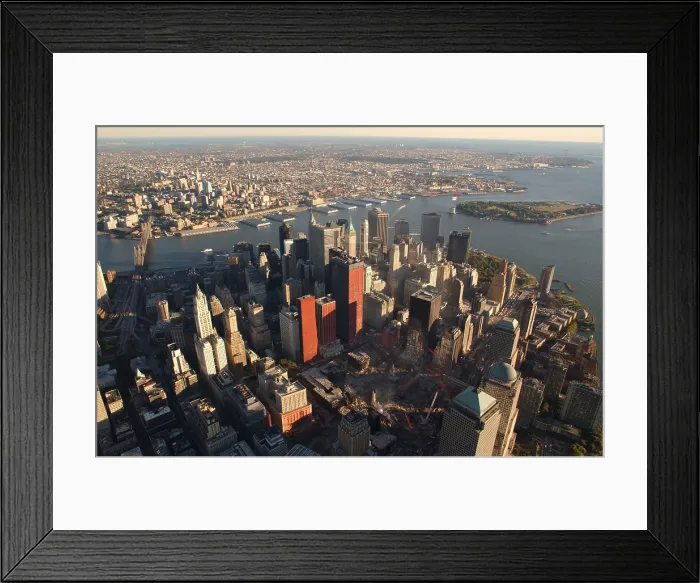 Framed Print : Aerial view of the Lower Manhattan and ruins of the World Trade Center from the northwest. Oct. 8, 2001. New York City, after September 11, 2001 terrorist attacks Framed Print : Aerial view of the Lower Manhattan and ruins of the World Trade Center from the northwest. Oct. 8, 2001. New York City, after September 11, 2001 terrorist attacks