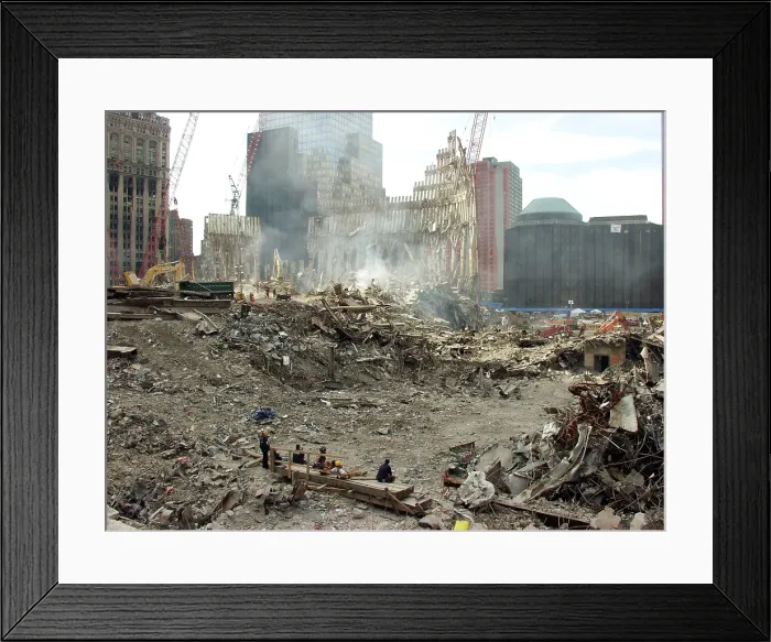 Framed Print : Pile of debris from the South Tower of World Trade Center a month after the terrorist attack. Oct. 10, 2001