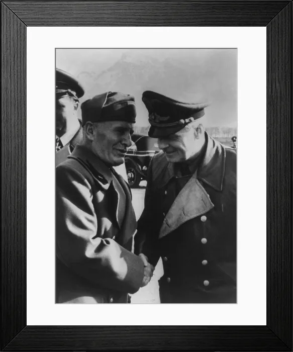 Framed Print : Mussolini greeting Joachim von Ribbentrop, with the German ambassador to Italy, Rudolf Rahn. April 25, 1944 Framed Print : Mussolini greeting Joachim von Ribbentrop, with the German ambassador to Italy, Rudolf Rahn. April 25, 1944