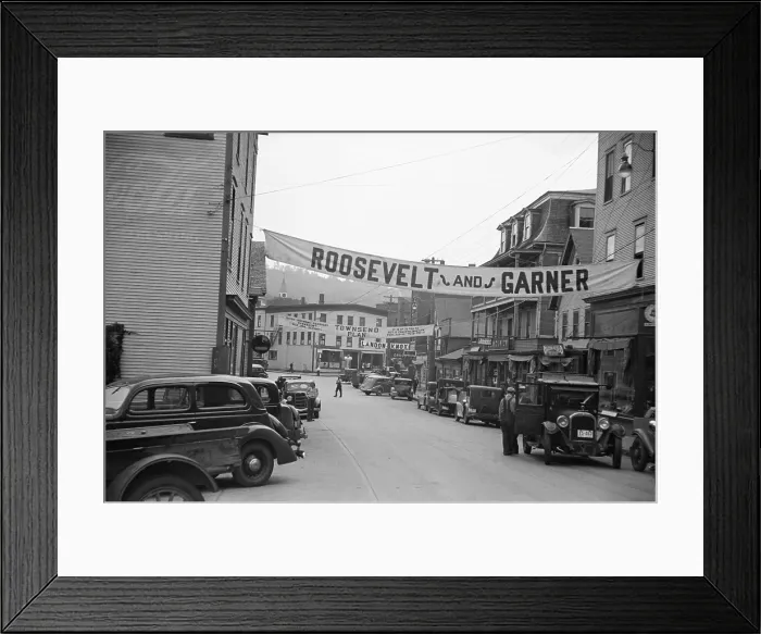Framed Print : Signs for the 1936 election. Hardwick Vermont streets with campaign signs for Roosevelt and Garner The Townsend Plan and Landon and Knox. Sept. 1936