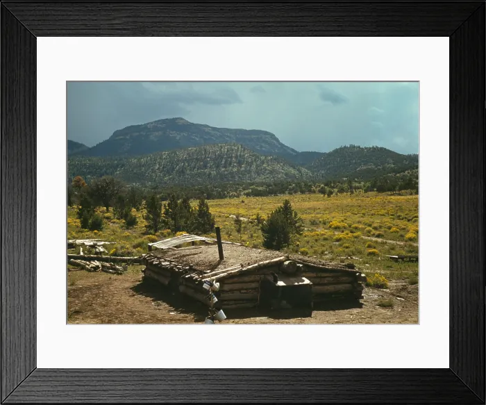 Framed Print : Dugout house of the Faro Caudill family refugee homesteaders from the Dust Bowl. In the background is Mount Allegro. Pie Town New Mexico Oct 1940