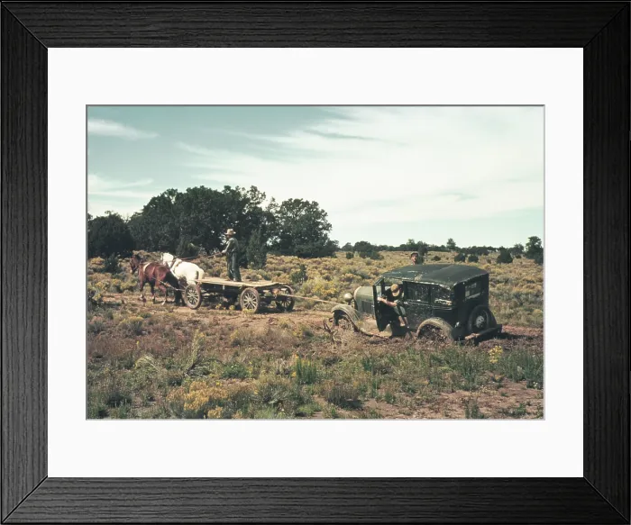 Framed Print : Team of horses pulling a car out of the mud on an unimproved rural roads near Pie Town New Mexico. Oct. 1940