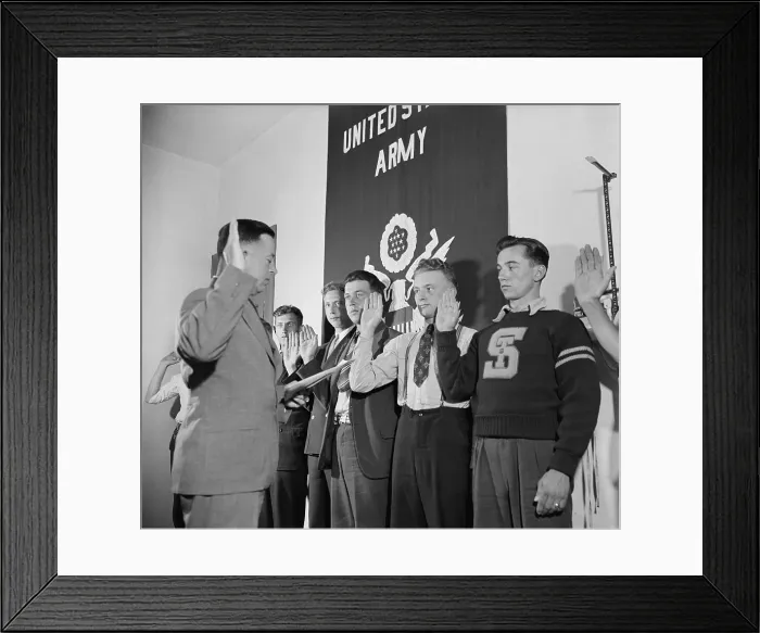 Framed Print : New recruits to the U.S. Army taking their service oath. They were swore in after passing their physicals in Washington, D.C. ca. 1940. (BSLOC_2013_9_221)