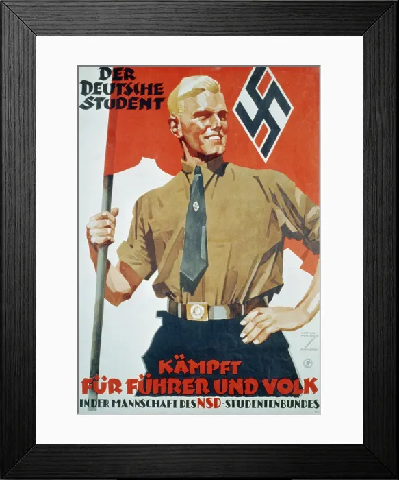 Framed Print : Heroic portrait of Hitler youth in uniform. Text reads: The German Student...Fights for Furher and People. Ca. 1935-1939 (BSLOC_2014_7_14)