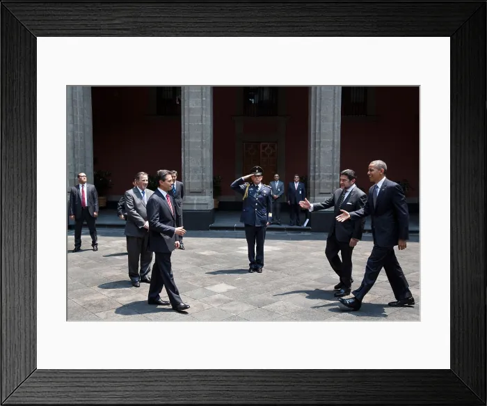 Framed Print : President Barack Obama greets Mexican President Enrique Pena Nieto. Palacio Nacional in Mexico City, Mexico, May 2, 2013. (BSLOC_2015_3_189)