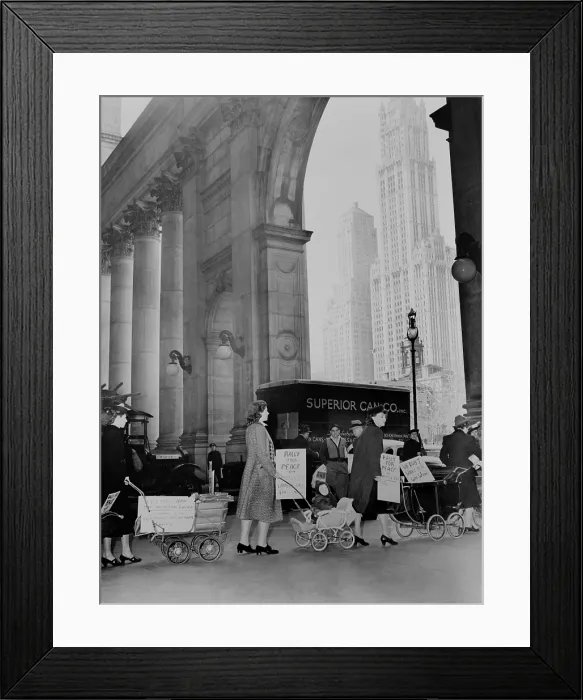 Framed Print : Mothers protest to keep America out of war, Nov. 8, 1939. Women with baby carriages marching for peace in New York City, with the Woolworth Building in the background Framed Print : Mothers protest to keep America out of war, Nov. 8, 1939. Women with baby carriages marching for peace in New York City, with the Woolworth Building in the background
