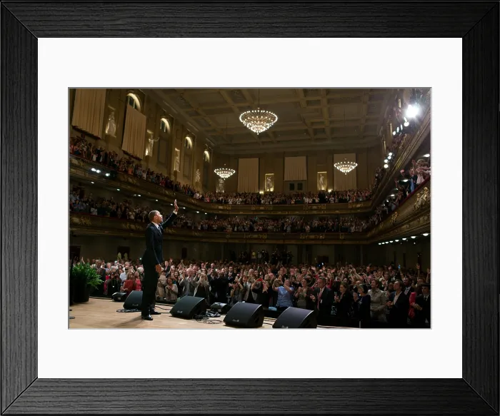 Framed Print : President Barack Obama waves to the audience after speaking at Symphony Hall, Boston. June 25, 2012. (BSLOC_2015_3_19) Framed Print : President Barack Obama waves to the audience after speaking at Symphony Hall, Boston. June 25, 2012. (BSLOC_2015_3_19)
