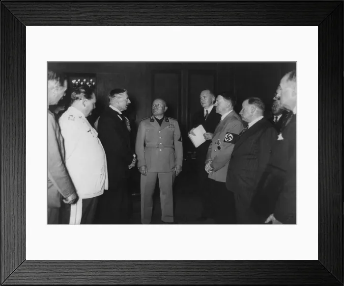 Framed Print : Munich Conference. Sept. 29, 1938. Goering, Chamberlain, Mussolini, Hitler, Daladier and others agreed to allowed Nazi Germany to annex the Sudetenland of Czechoslovakia Framed Print : Munich Conference. Sept. 29, 1938. Goering, Chamberlain, Mussolini, Hitler, Daladier and others agreed to allowed Nazi Germany to annex the Sudetenland of Czechoslovakia