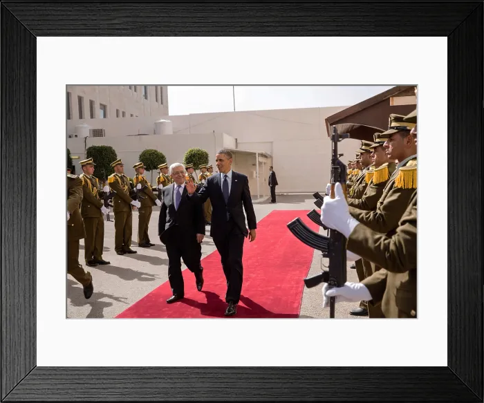Framed Print : President Barack Obama walks with President Mahmoud Abbas of the Palestinian Authority. Ramallah, the West Bank, March 21, 2013. (BSLOC_2015_3_192) Framed Print : President Barack Obama walks with President Mahmoud Abbas of the Palestinian Authority. Ramallah, the West Bank, March 21, 2013. (BSLOC_2015_3_192)