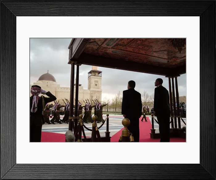 Framed Print : Arrival ceremony for President Barack Obama at Al Hummar Palace in Amman, Jordan. Abdullah II of Jordan stands next to Obama at right. March 22, 2013 (BSLOC_2015_3_182)