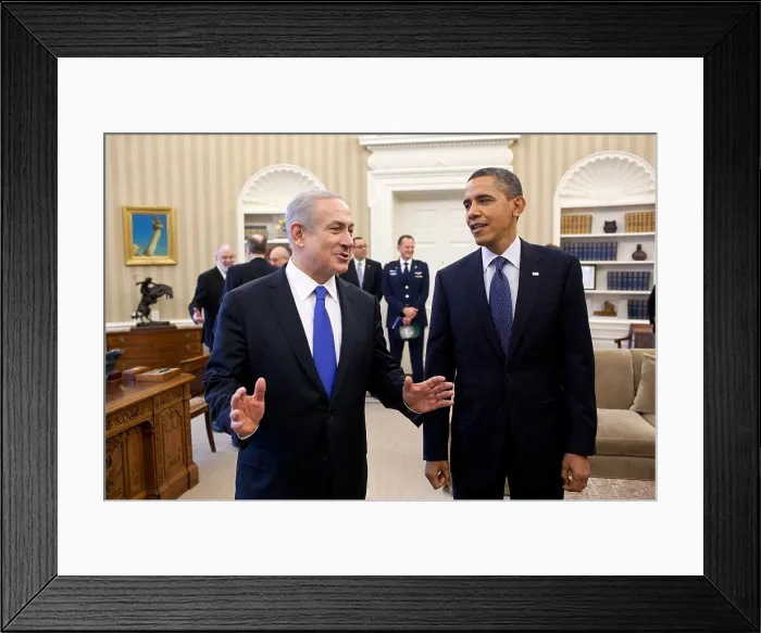 Framed Print : President Barack Obama and PM Benjamin Netanyahu of Israel in the Oval Office. The leaders differed over negotiations with Iran on its Nuclear program. Mr Framed Print : President Barack Obama and PM Benjamin Netanyahu of Israel in the Oval Office. The leaders differed over negotiations with Iran on its Nuclear program. Mr