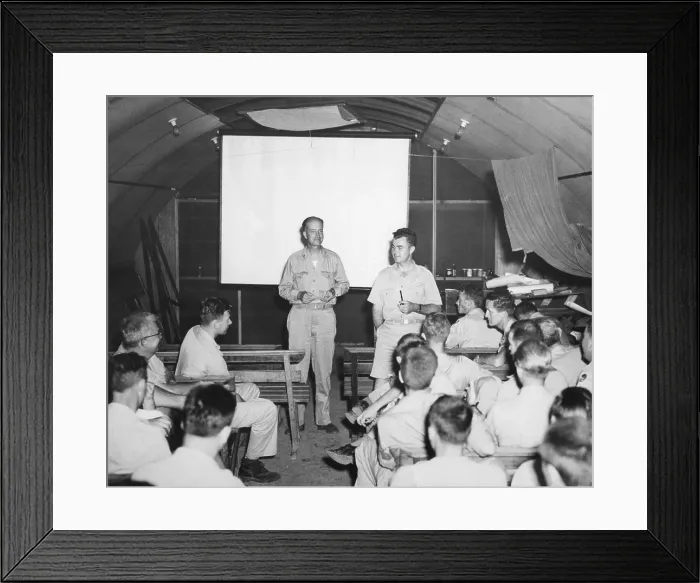 Framed Print : Hiroshima Atomic Bomb Crew at the briefing prior to the flight of the Enola Gay. Capt. William Parsons and Colonel Paul Tibbets go over last-minute data. World War 2 Framed Print : Hiroshima Atomic Bomb Crew at the briefing prior to the flight of the Enola Gay. Capt. William Parsons and Colonel Paul Tibbets go over last-minute data. World War 2