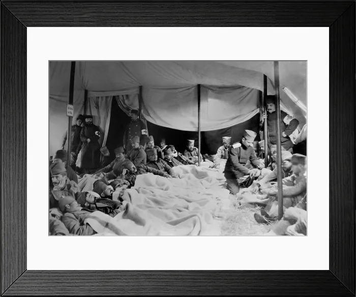Framed Print : Siege of Ottoman Adrianople (Edirne) by Bulgarian and Serbian forces, Nov. 3, 1912 -March 26, 1913. Serbian Red Cross tent with wounded soldiers (BSLOC_2017_1_145)
