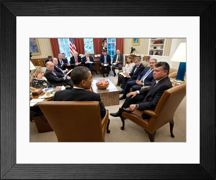 Framed Print : King Abdullah II of Jordan and members of the Jordanian delegation in the Oval Office. At left are Sec. Hillary Clinton and President Obama. May 17, 2011 (BSLOC_2015_3_183) Framed Print : King Abdullah II of Jordan and members of the Jordanian delegation in the Oval Office. At left are Sec. Hillary Clinton and President Obama. May 17, 2011 (BSLOC_2015_3_183)