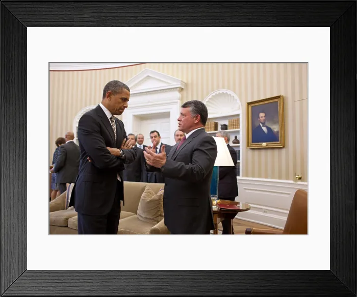 Framed Print : President Barack Obama talks with King Abdullah II of Jordan in Oval Office. Jan. 17, 2012 (BSLOC_2015_3_181) Framed Print : President Barack Obama talks with King Abdullah II of Jordan in Oval Office. Jan. 17, 2012 (BSLOC_2015_3_181)
