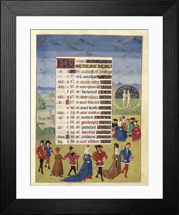 Framed Print : ADELAIDA DE SABOYA, Maestro de(15th c.); JEAN ROLIN, Maestro de(15th c.). The Hours of Adelaide of Savoy, Duchess of Burgundy. 1460-1465. The Month of May. Dances and games