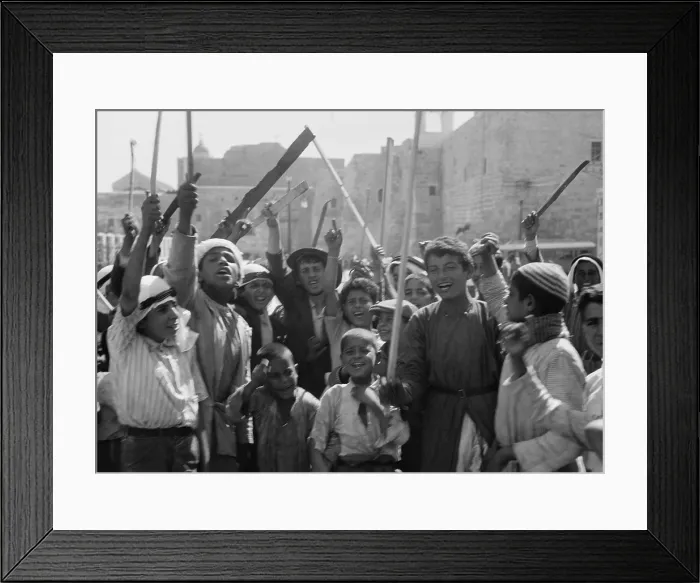 Framed Print : Arab youths with sticks and clubs cheering the burning of the police barracks and post office. Bethlehem, Palestine, Oct. 8, 1938 (BSLOC_2017_1_207) Framed Print : Arab youths with sticks and clubs cheering the burning of the police barracks and post office. Bethlehem, Palestine, Oct. 8, 1938 (BSLOC_2017_1_207)
