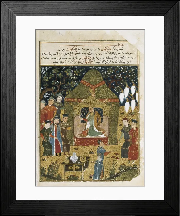 Framed Print : RASHID AL-DIN (1247 - 1318). Compendium of Chronicles (Jami al-tawarikh). ca. 1307. Temujin is proclaimed Genghis Khan in the presence of their sons Jochi and Ogodei Framed Print : RASHID AL-DIN (1247 - 1318). Compendium of Chronicles (Jami al-tawarikh). ca. 1307. Temujin is proclaimed Genghis Khan in the presence of their sons Jochi and Ogodei