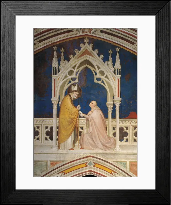 Framed Print : Cardinal Gentile Portino Montefiore Kneeling before St Martin of Tours, by Simone Martini, 1315 - 1316 about, 14th Century, fresco, cm 330 x 700 - Italy, Umbria, Perugia, Assisi Framed Print : Cardinal Gentile Portino Montefiore Kneeling before St Martin of Tours, by Simone Martini, 1315 - 1316 about, 14th Century, fresco, cm 330 x 700 - Italy, Umbria, Perugia, Assisi