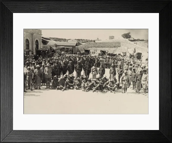Framed Print : Seated Australian POWs captured at Shellal in the First Battle of Gaza, March 26, 1917