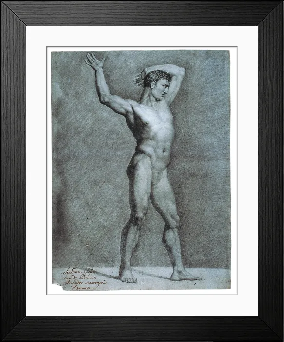 Framed Print : Study for a Male Nude, by Alessandro Scarrozza, 1806, 19th Century, black pencil and chalk - Italy, Lazio, Rome, Gallery of the National Accademy in Saint Luca